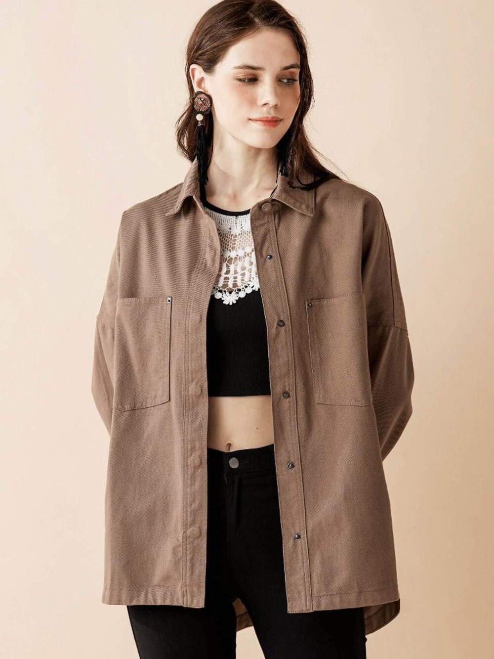 B45  Oversized Denim Twill Shirt Jacket in Mushroom